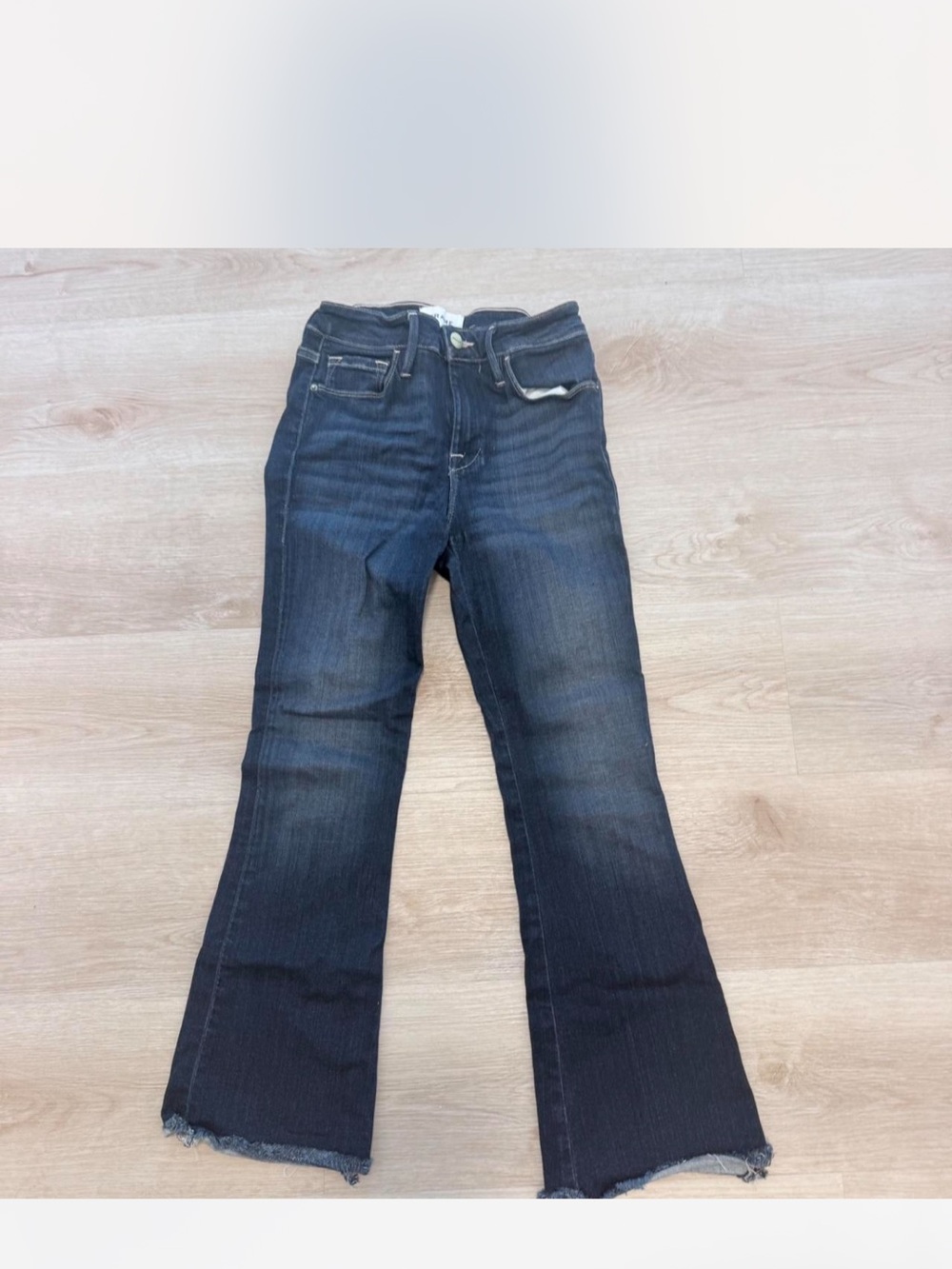Frame Denim Dark Blue Flare Jeans with Frayed Hem